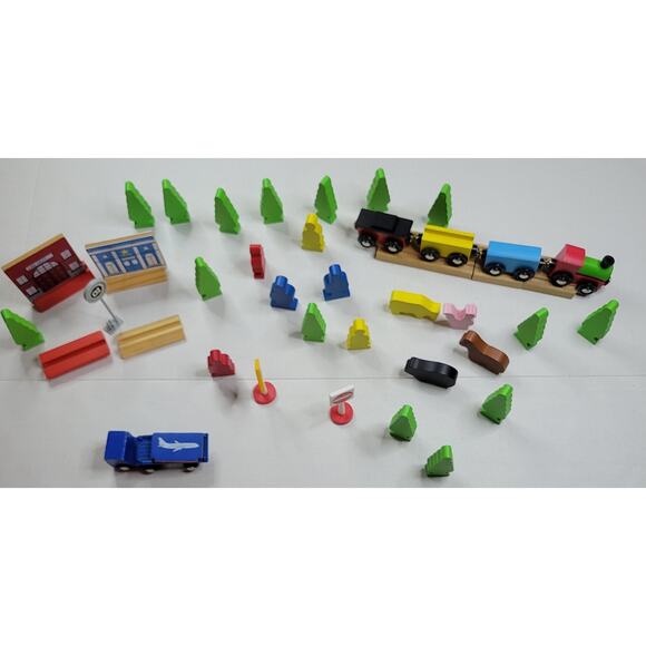 Wooden Train Set 40 pc. Lot Track Train Accessories Animals Buidlings Sign Trees - Picture 1 of 4